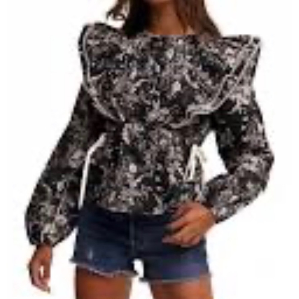 Listicle Black White Floral Ruffle Lace Trim Peplum Blouse Side Tie Top Large